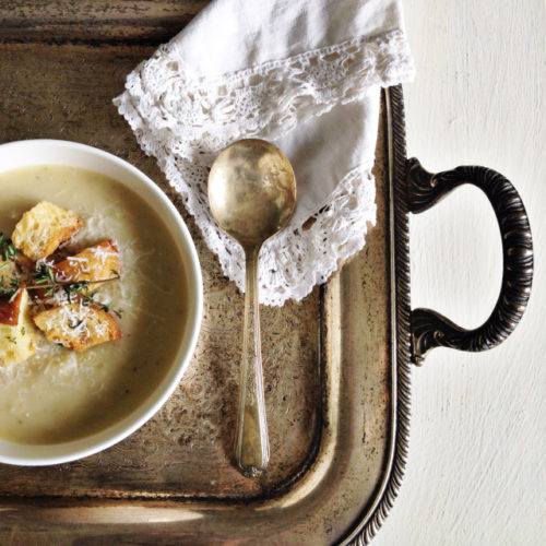 Potato Leek Soup on silver tray