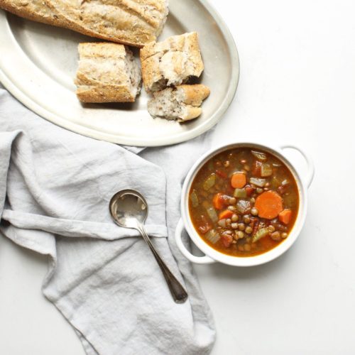Easy hearty, healthy lentil soup, packed with fibre, vegan, gluten free and ready in under 1 hour! Dietitian approved and the whole family will love it!