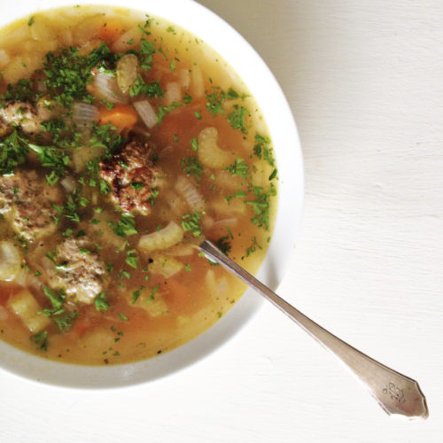 Vegetable Soup with Pesto Turkey Meatballs (Gluten-Free)