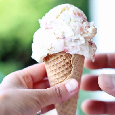 Rhubarb ice cream in a waffle cone