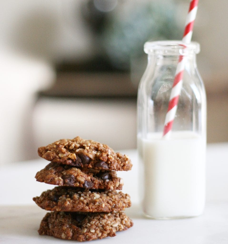 Coconut Almond Chocolate Chip Oatmeal Cookies with glass of milk 