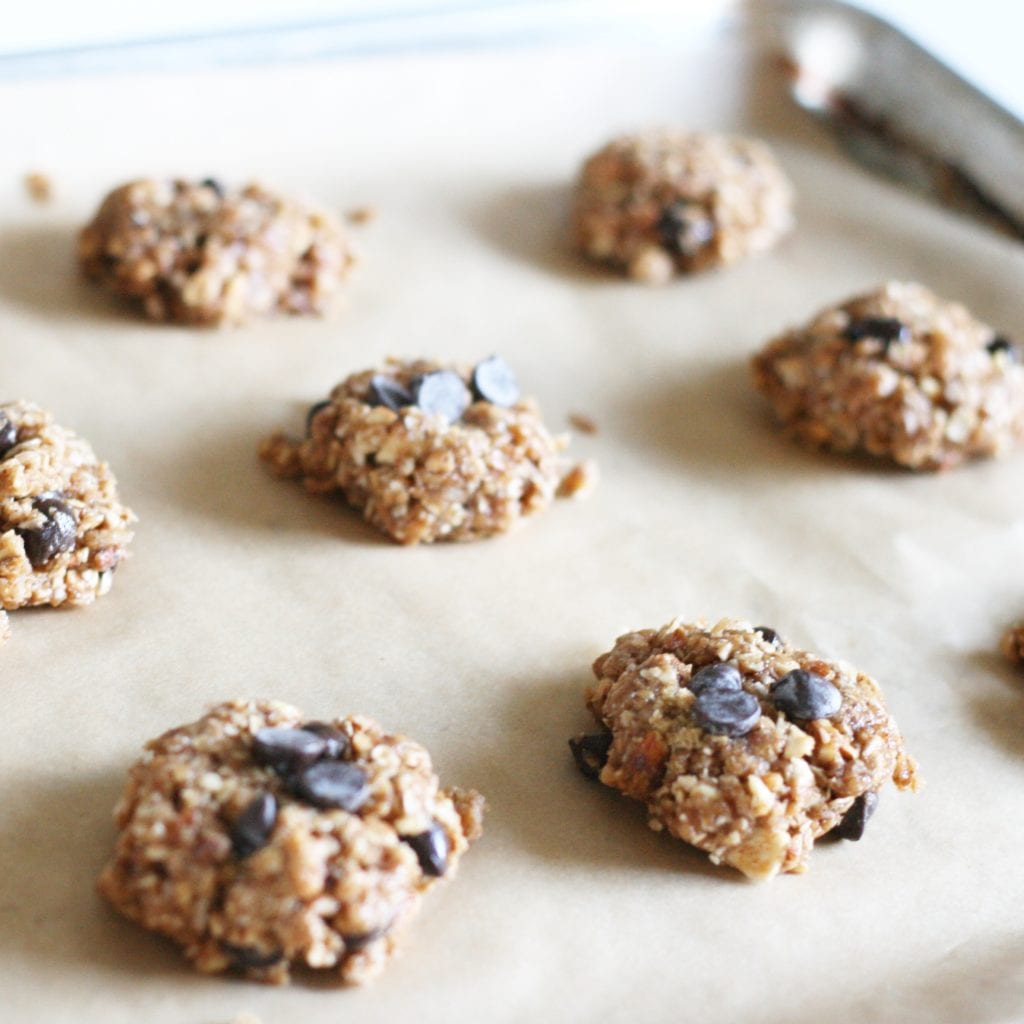 Coconut Almond Chocolate Chip Oatmeal Cookies on baking sheet