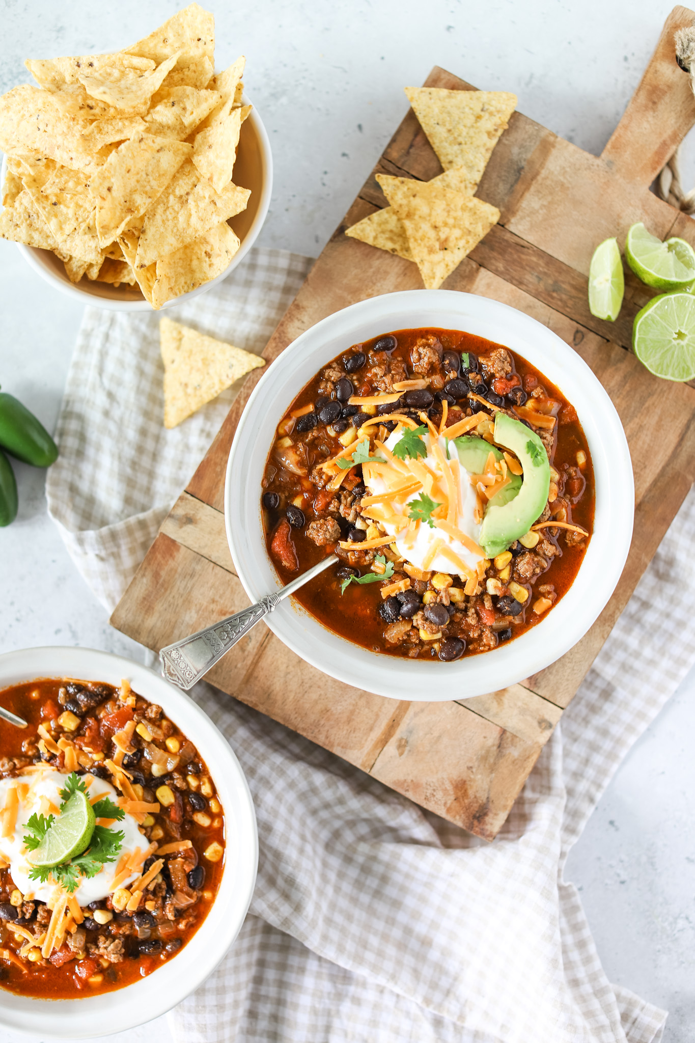 Southwest Chili in two bowls with tortilla chips