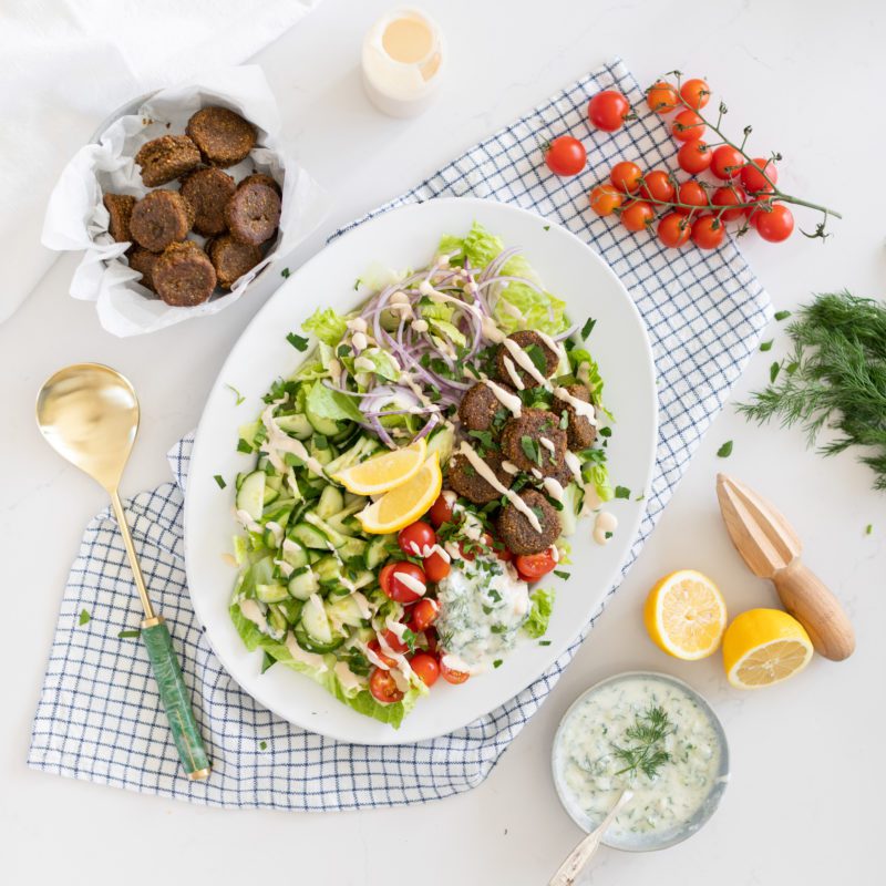 Falafel Salad with Lemon Garlic Tahini Dressing