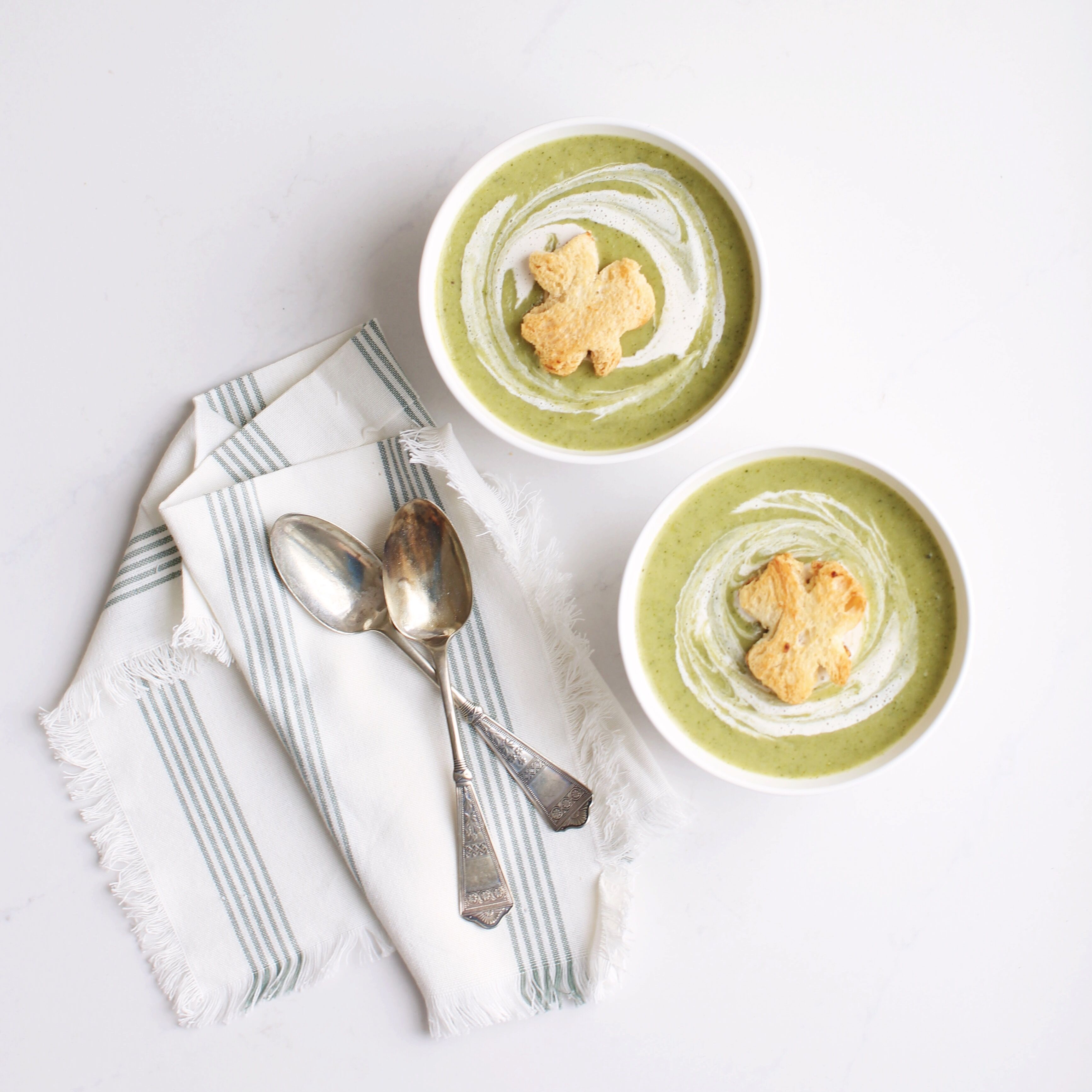 Creamy healthy vegan and gluten free Potato Broccoli Soup with shamrock croutons, perfect for St. Patrick's Day!
