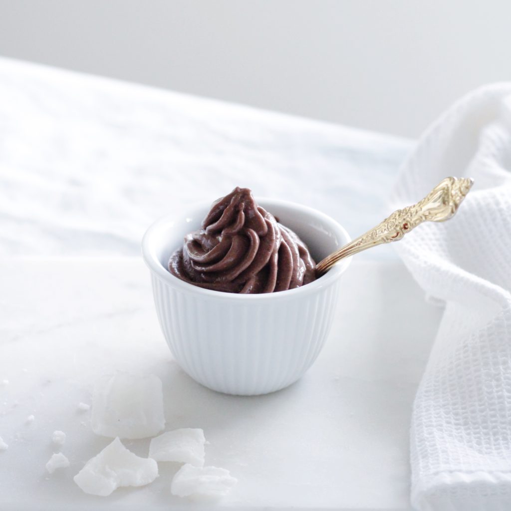 Vegan Chocolate Banana High-Protein 'Ice Cream' in white bowl with gold spoon