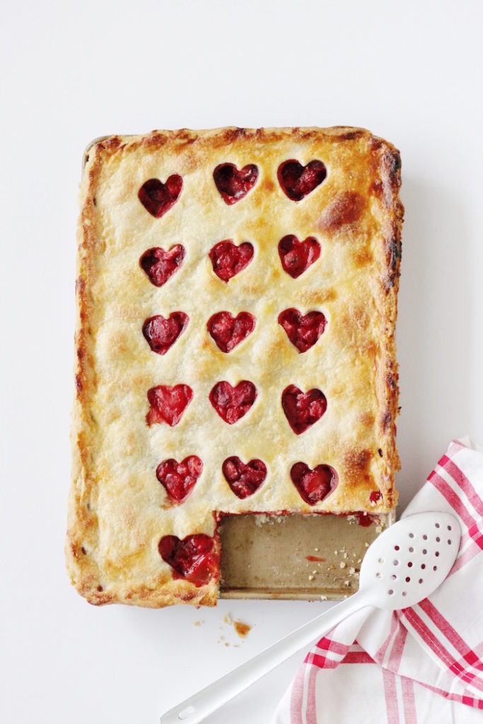 Strawberry Heart Slab Pie with slice removed