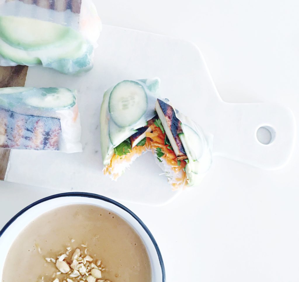 Crispy tofu spring rolls and peanut dipping sauce