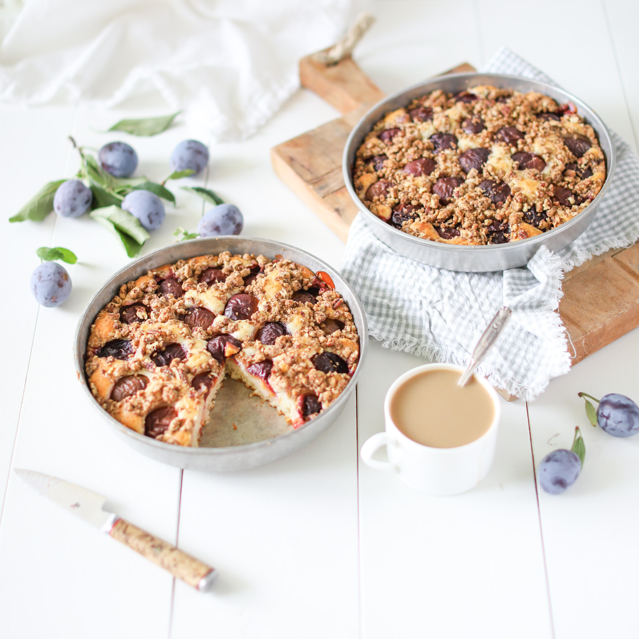 fraiche living plum coffee cake with cup of coffee