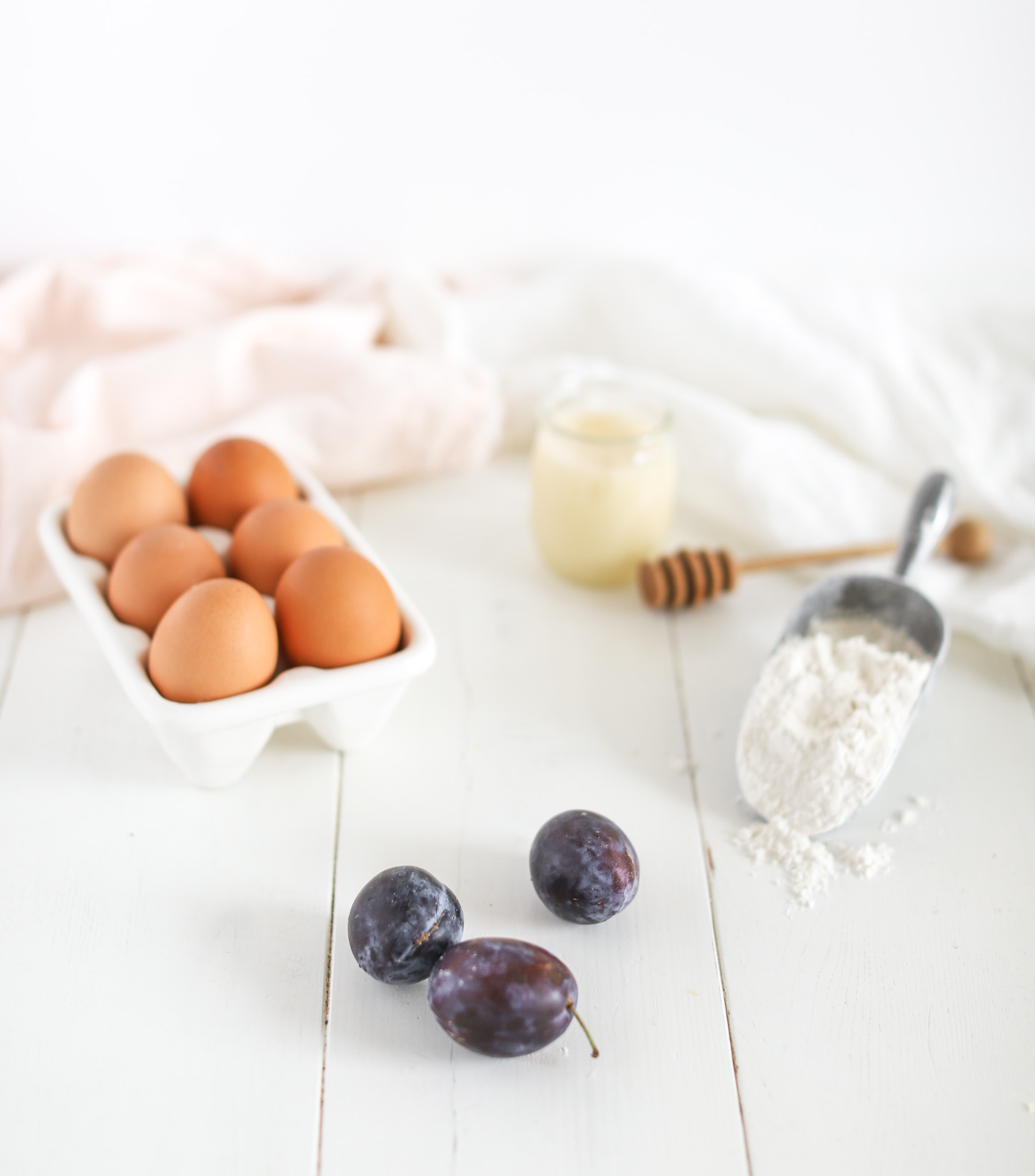 eggs, honey, plums, flour for Plum Oat Bran Muffins by Fraiche Living 