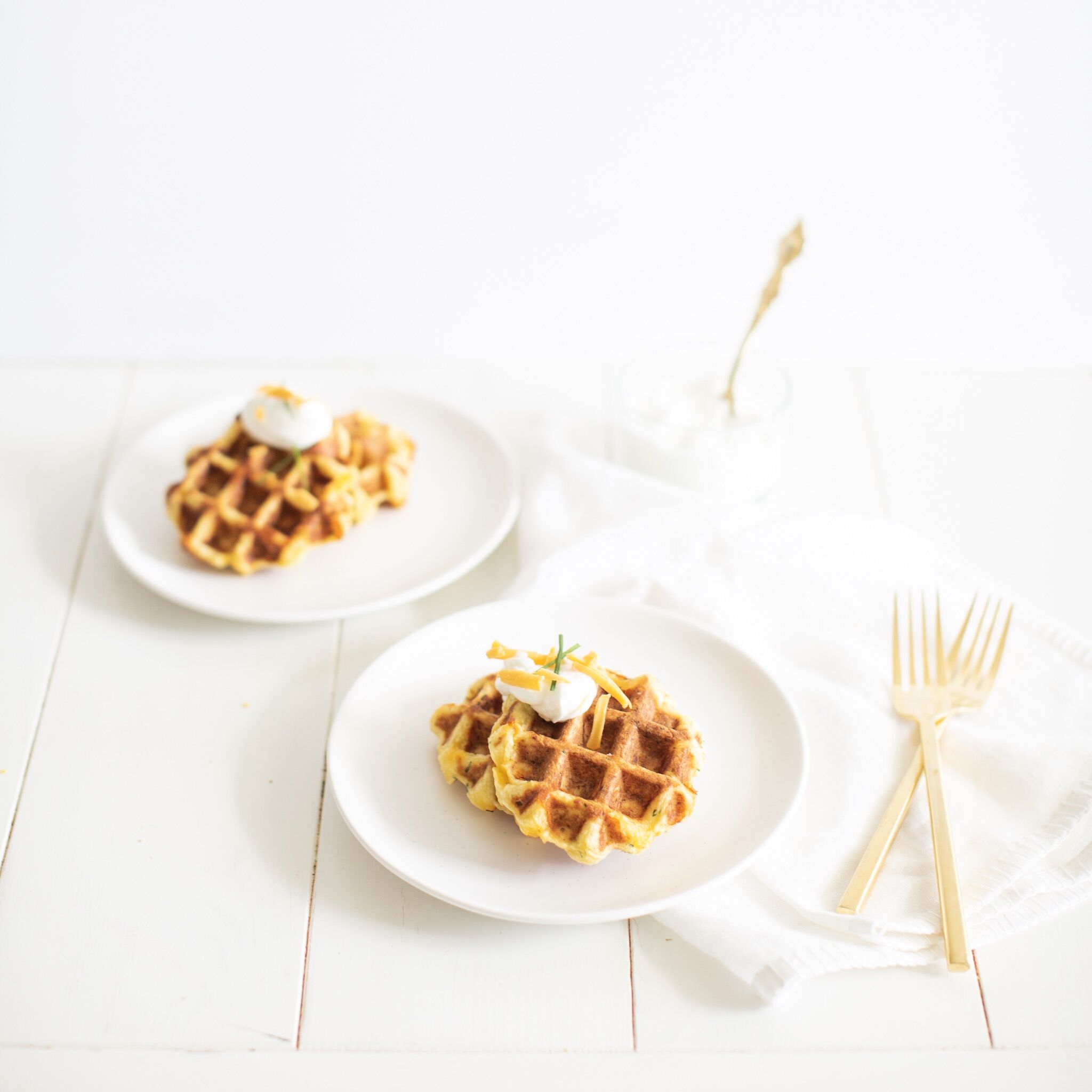 Potato Cheddar Chive Waffles with a vegan option: such a great way to use up leftover mashed potatoes after the holidays!
