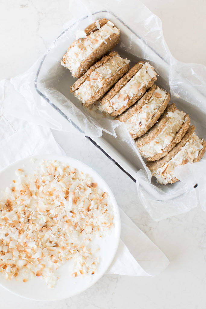 Tropical Nice Cream (vegan) sandwiches using Almond Breeze almond beverage, rolled in toasted flaked coconut and perfect for a healthy summer treat!