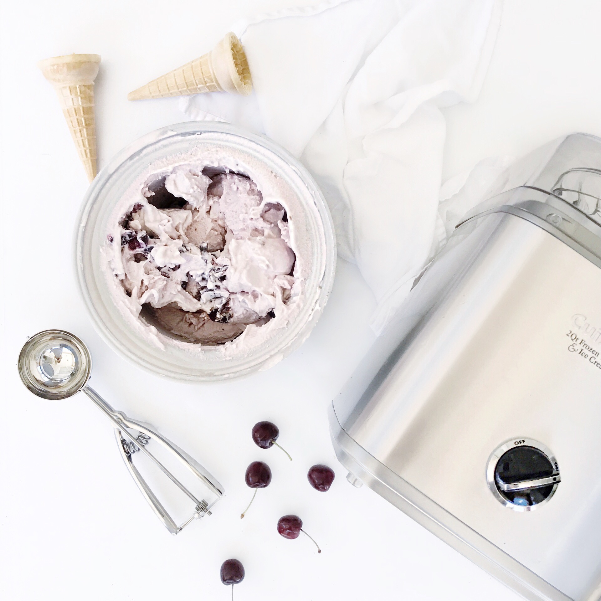 Homemade Cherry Vanilla Ice Cream made with simple ingredients by Tori Wesszer from Fraîche Nutrition and whipped up in a Cuisinart ice cream maker.