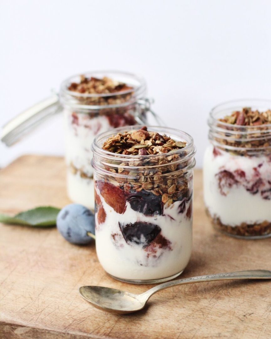 Roasted Plum Yogurt Parfait with Honey Cardamom Granola - Fraiche Living