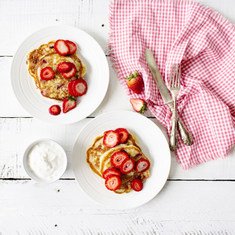 Fraîche Nutrition's Strawberry Rhubarb Pancakes made with fresh strawberries, rhubarb and a hint of vanilla!