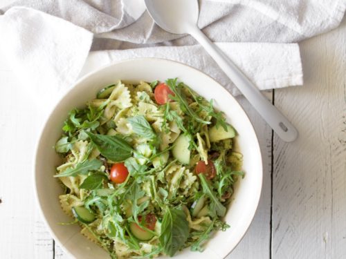 Creamy Avocado Pesto Pasta Salad by Registered Dietitian Tori Wesszer at  Fraiche Nutrition