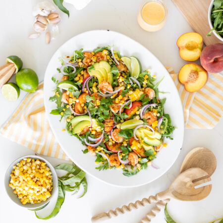 Grilled Peach and Corn Salad with Spicy Prawns & Peach Dressing (gluten free)