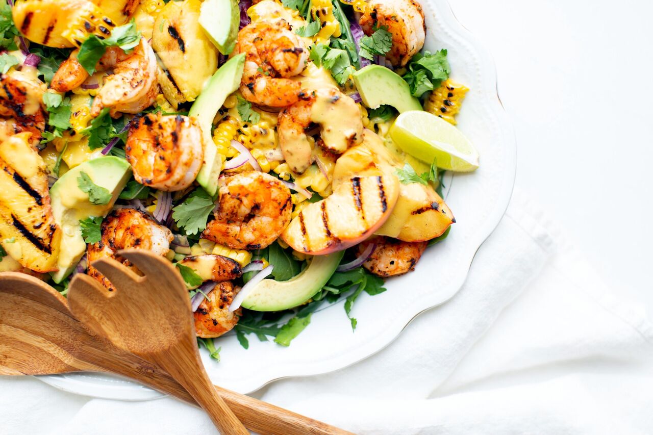 Grilled Peach and Corn Salad with Spicy Prawns and Creamy Peach Dressing by Tori Wesszer, Dietitian with Fraiche Nutrition