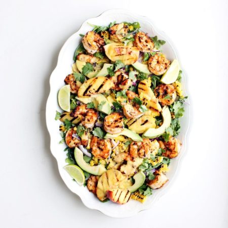 Grilled Peach and Corn Salad with Spicy Prawns & Peach Dressing (gluten free)