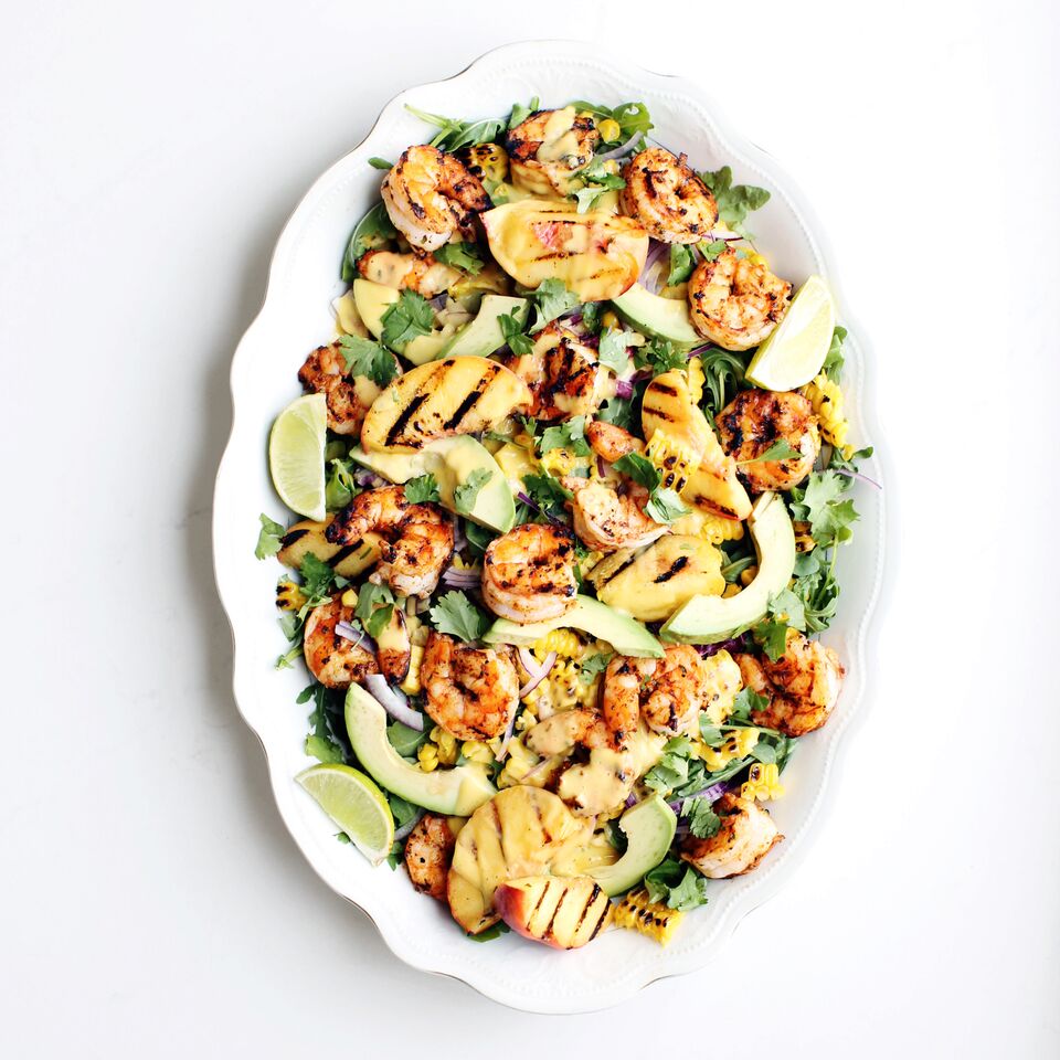 Grilled Peach and Corn Salad with Spicy Prawns and Creamy Peach Dressing by Tori Wesszer, Dietitian with Fraiche Nutrition
