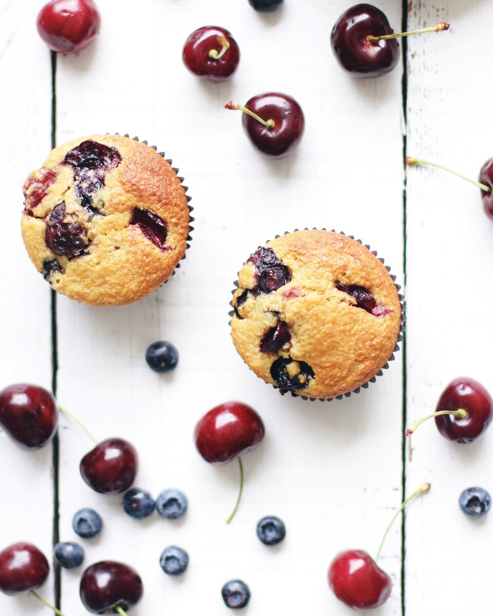 Cherry Citrus Oat Bran Muffins (can also be made with any berry) - a great nut-free snack for kids school lunches! Fraiche Nutrition