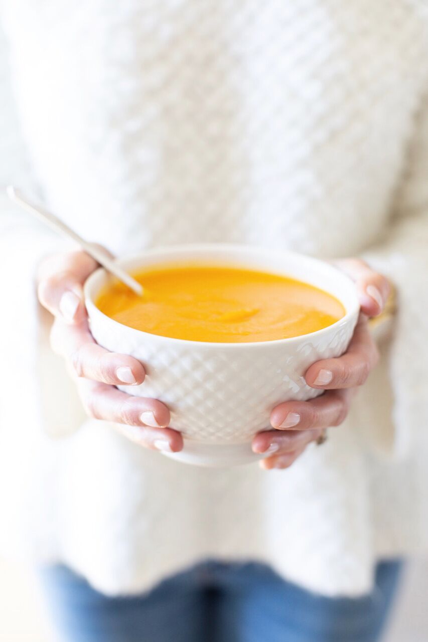 Healthy Orange Butternut Squash Soup and a cozy white sweater for those crisp fall days!