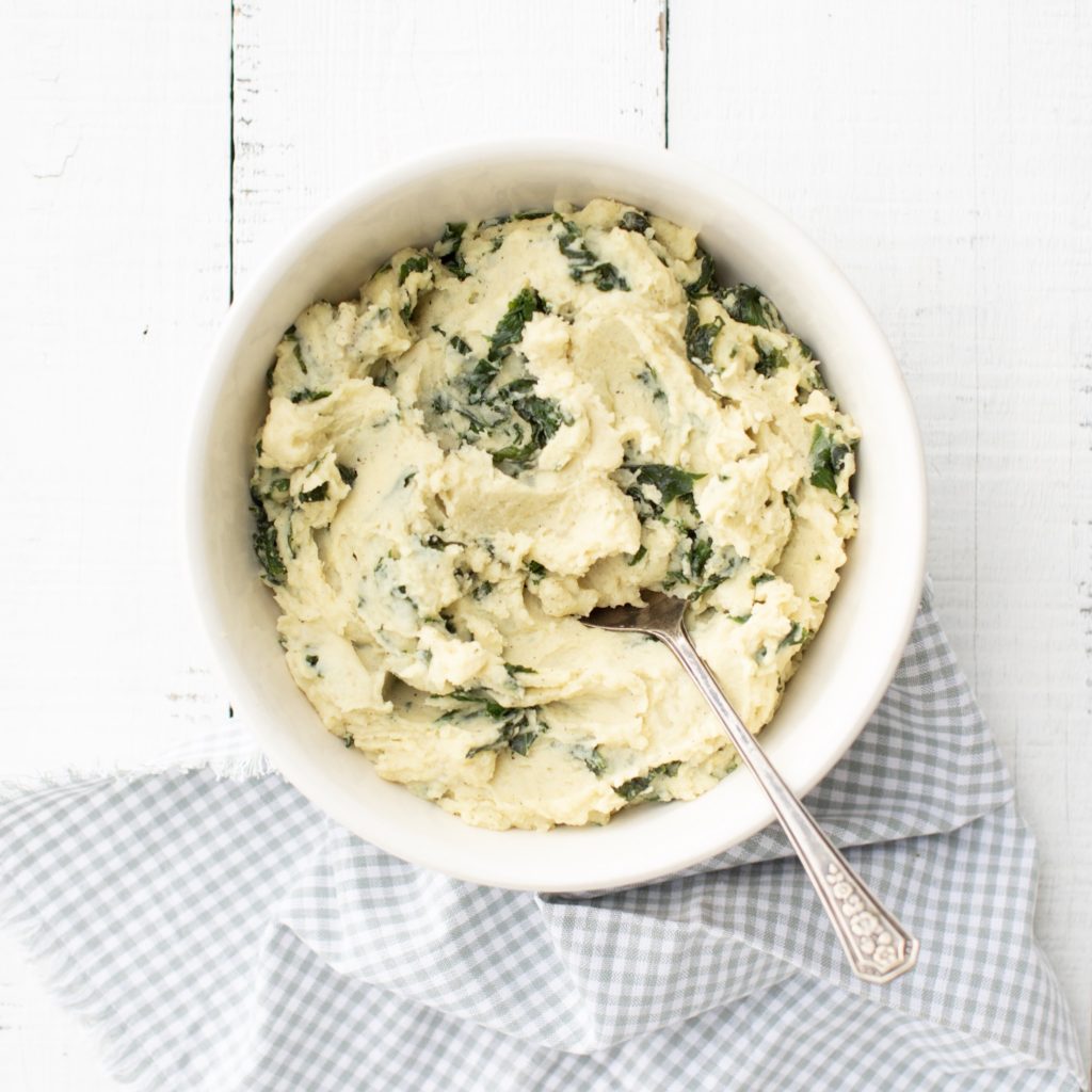 Garlicky Kale Mashed Potatoes with a vegan option