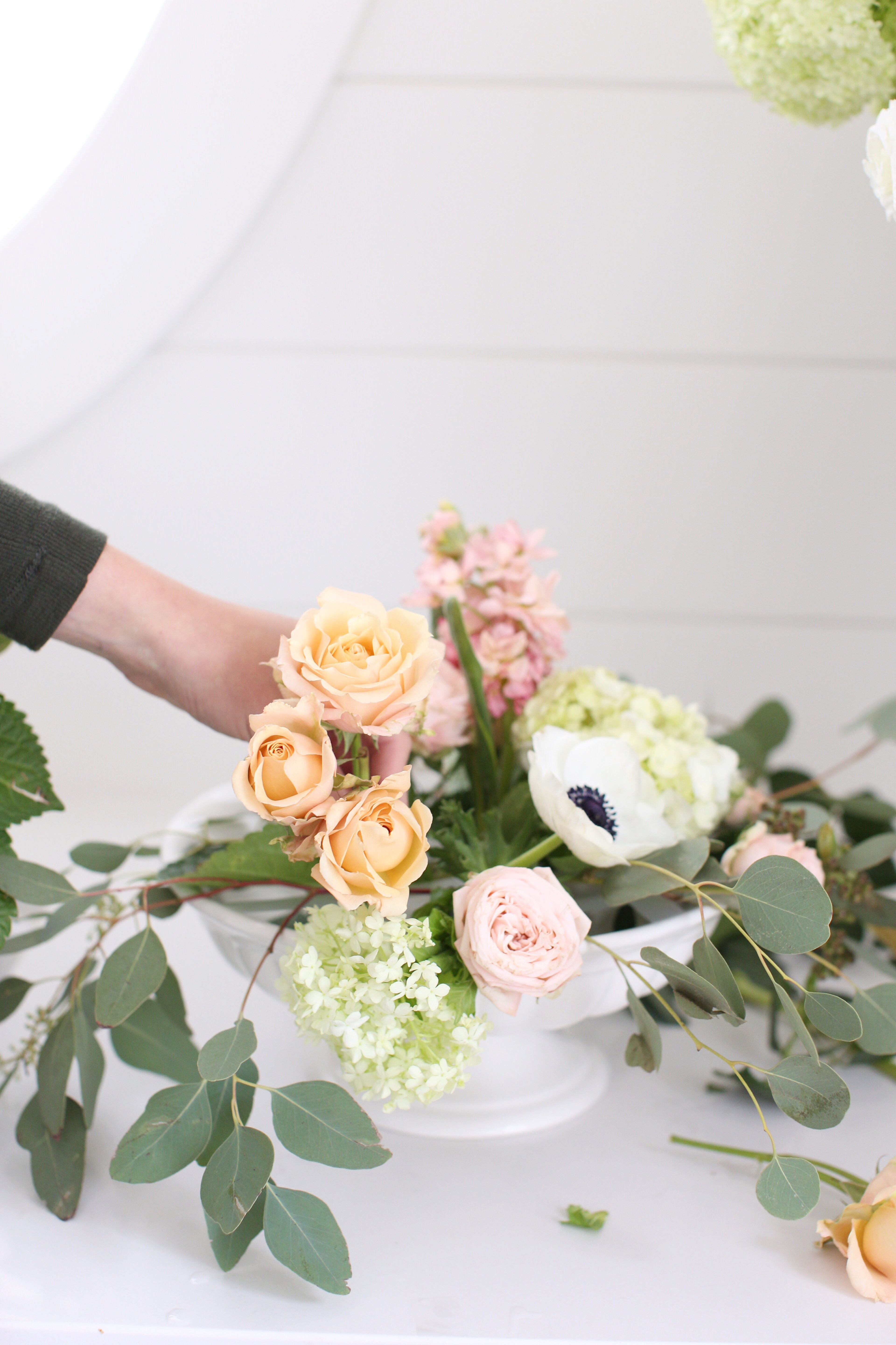 The perfect flower arrangement tutorial for the dinner table using any regular bowl with this essential floral hack from Tori at Fraiche