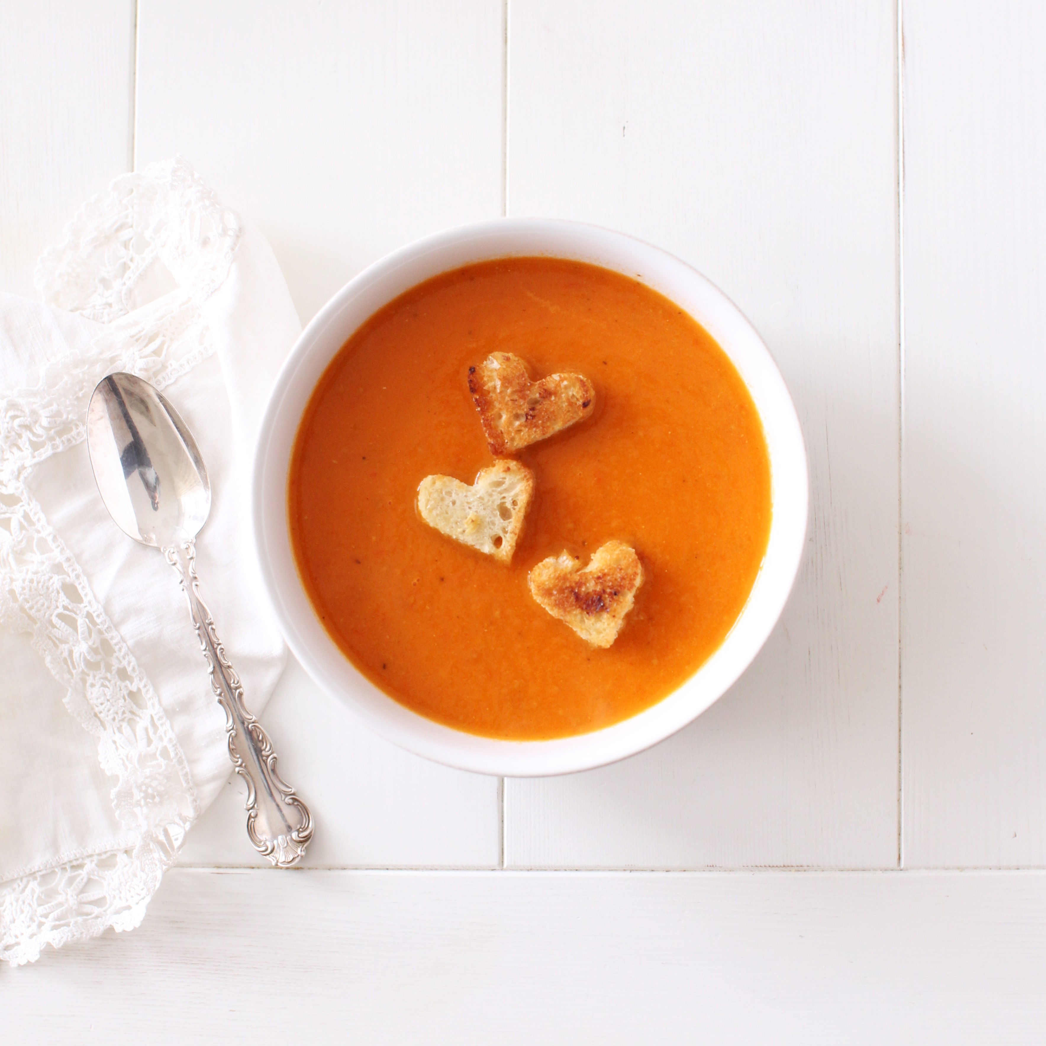 Roasted Tomato Pepper Soup with heart shaped croutons