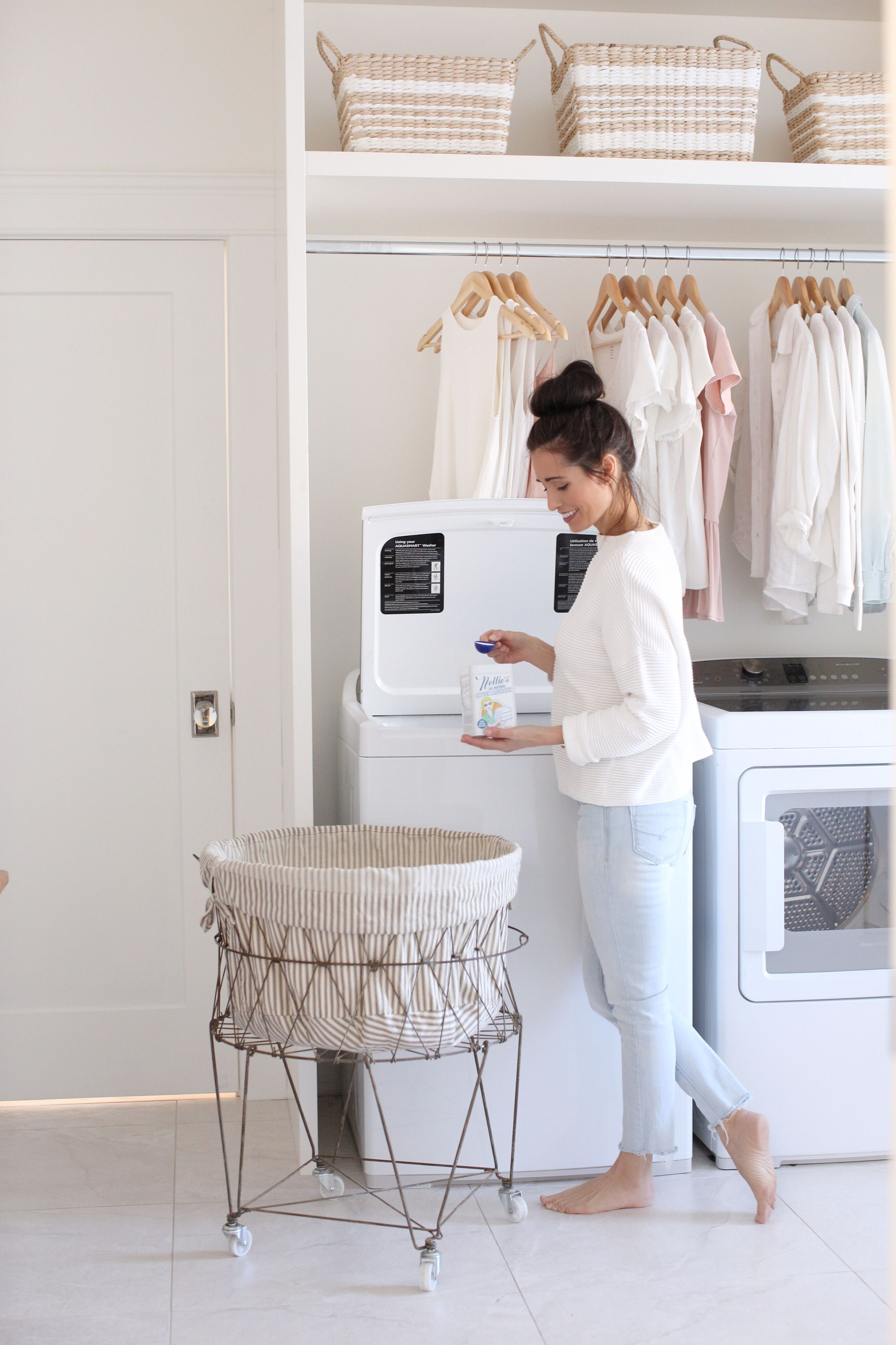 Laundry Room Reveal from Tor Wesszer at FraicheNutrition.com complete with all of the white, airy details including paint colours, farm house sinks, brass hardware, shiplap and the best top loading washer and dryer!