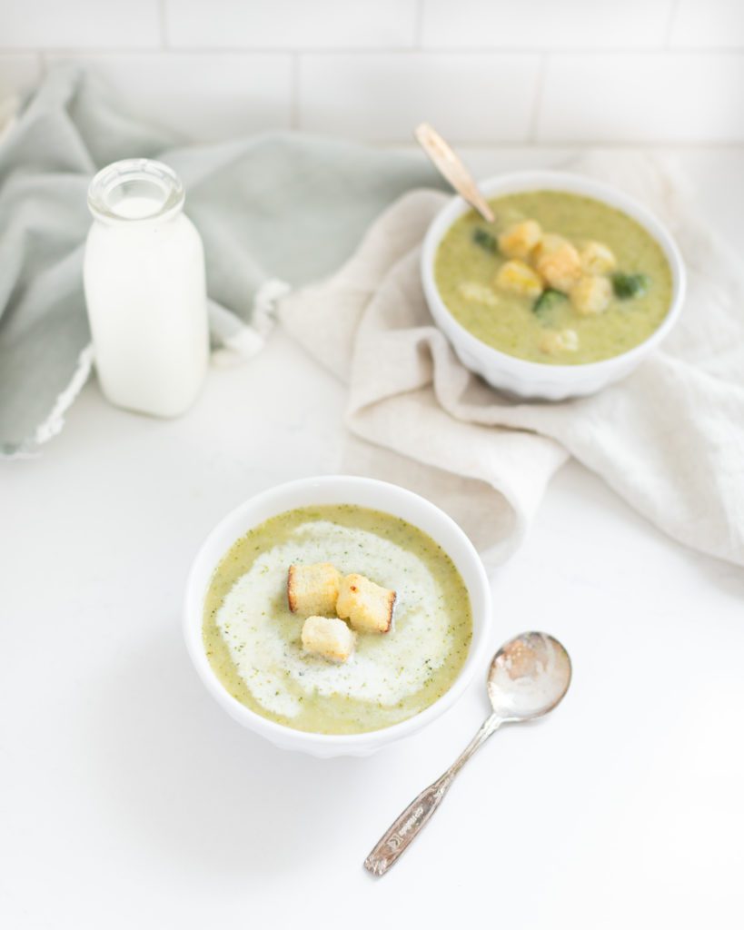 Potato Broccoli Soup in a bowl with croutons