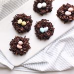 Healthy Chocolate Haystack Cookies that are naturally sweetened, vegan and gluten free. They also make adorable 'nests' for mini chocolate eggs for Easter!