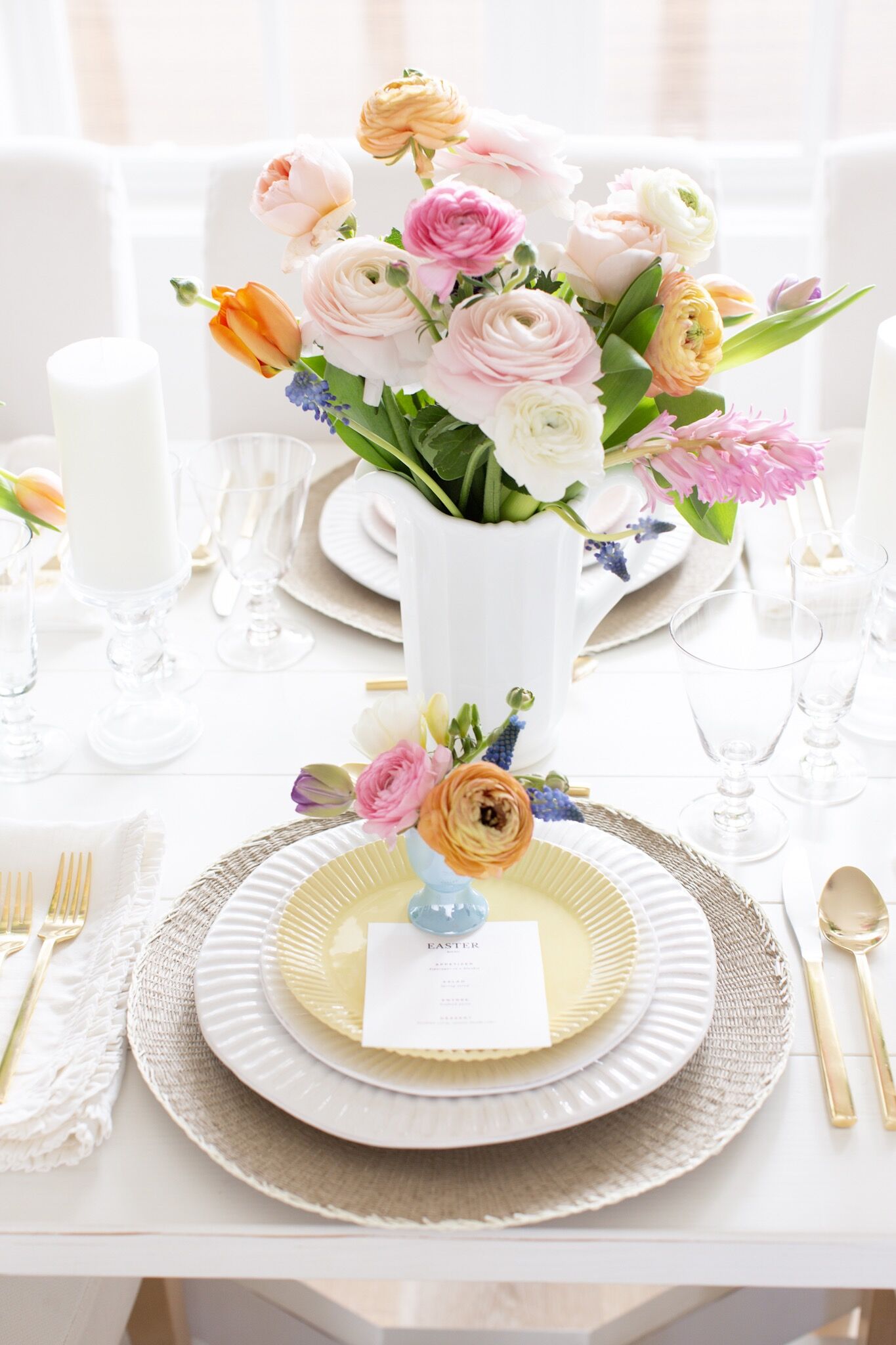 Easter Fraiche Table Dinner with pastel florals, white dinner ware and gold flatware: your complete guide to planning your perfect Easter Dinner!