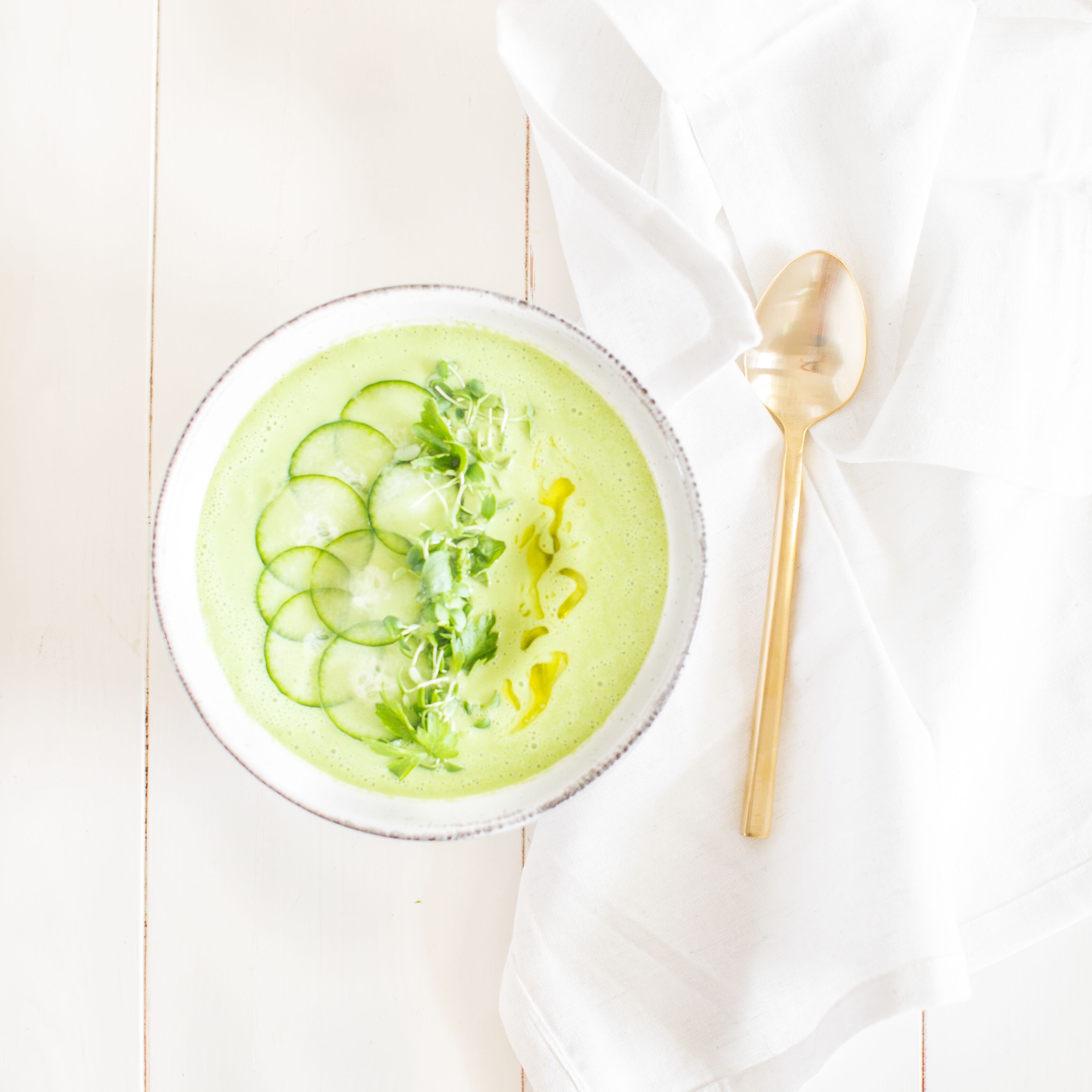 Green Gazpacho with cucumbers and micro greens - such a healthy cold soup for the summer!