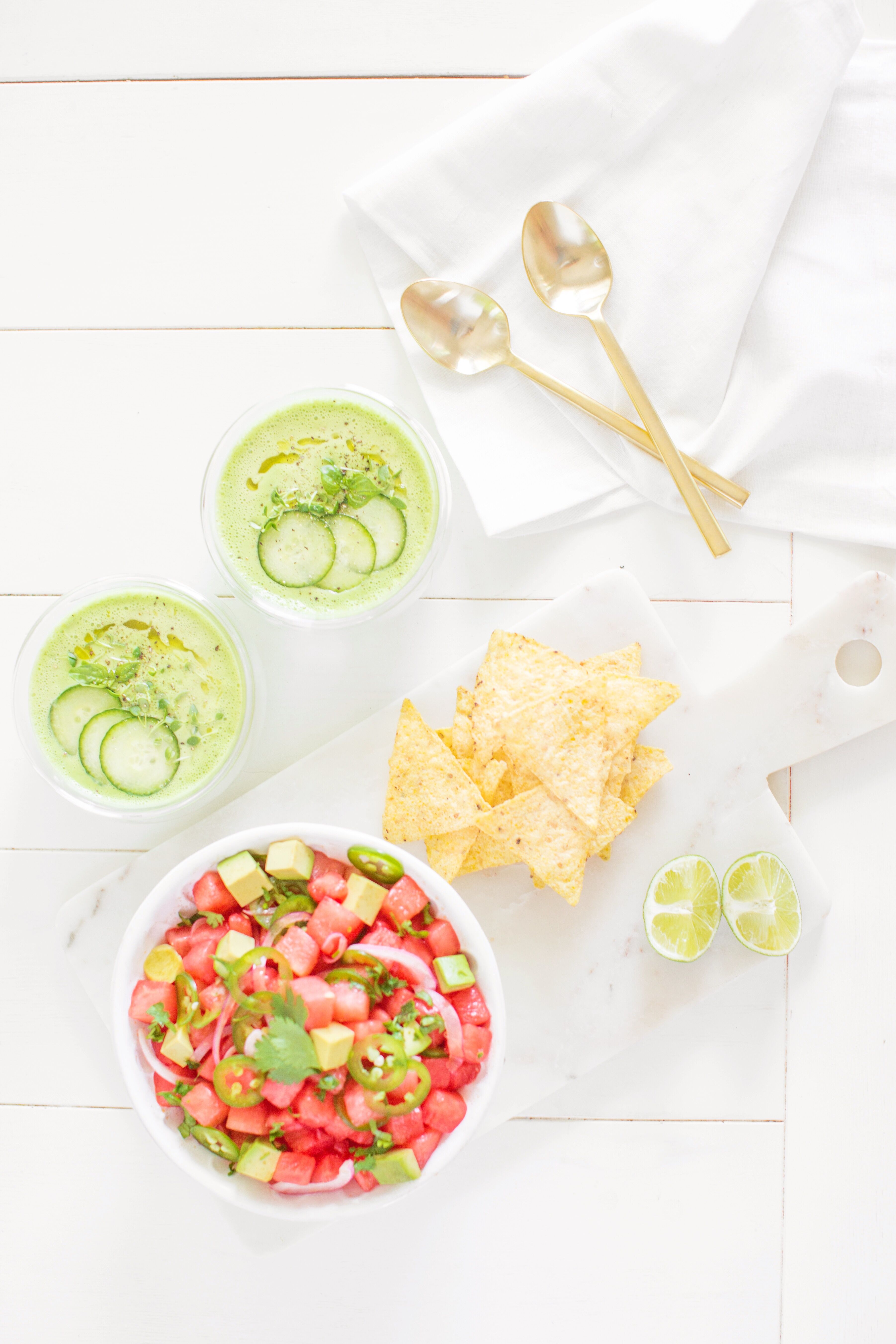 Green Gazpacho and Watermelon Ceviche - the best summer Spanish inspired Appies!