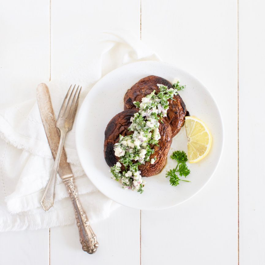 Grilled Portobello Mushrooms (or Flank Steak) with Feta Salsa Fraiche