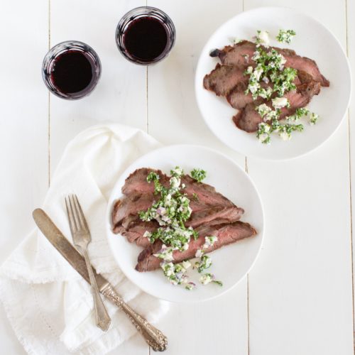 Grilled Portobello Mushrooms (or Flank Steak) with Feta Salsa Fraiche