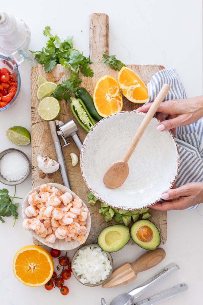 Ingredients to make Shrimp Avocado Salsa on kitchen counter