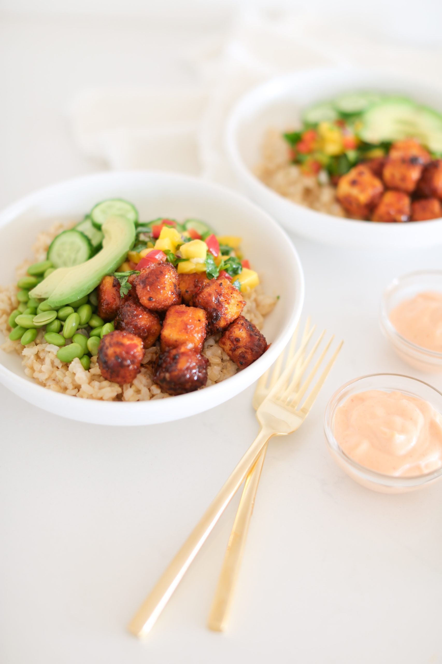 Vegan Crispy Tofu Bowl with Sriracha Mayo
