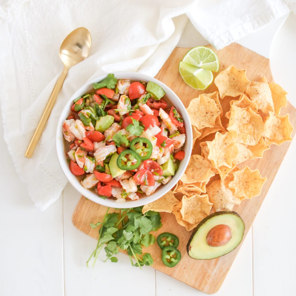 Shrimp Avocado Salsa with cherry tomatoes and tortilla chips