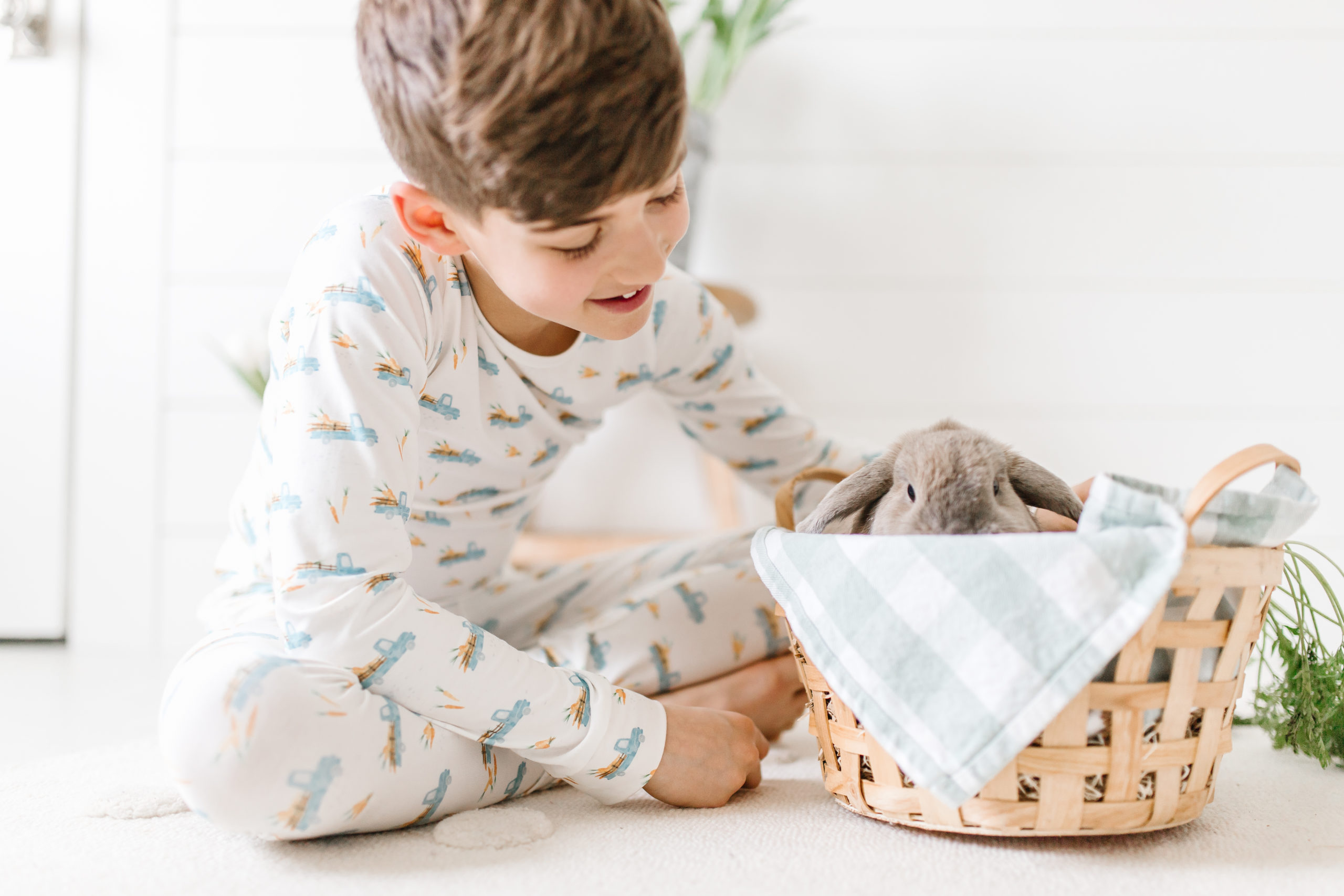 boy and easter bunny in a basket