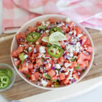 Vegan Watermelon Ceviche served in a bowl with avocado, lime, and jalapeño
