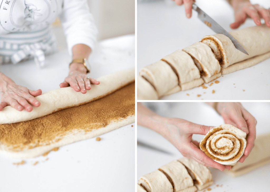 rolling and cutting cinnamon bun dough