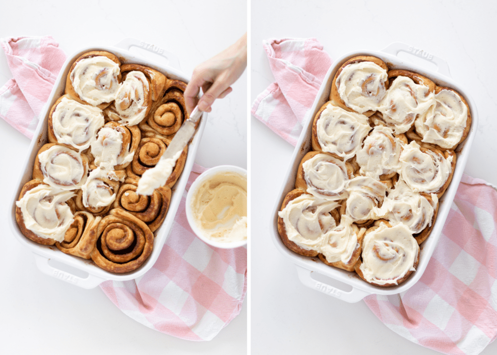 two images of putting cream cheese icing on cinnamon buns