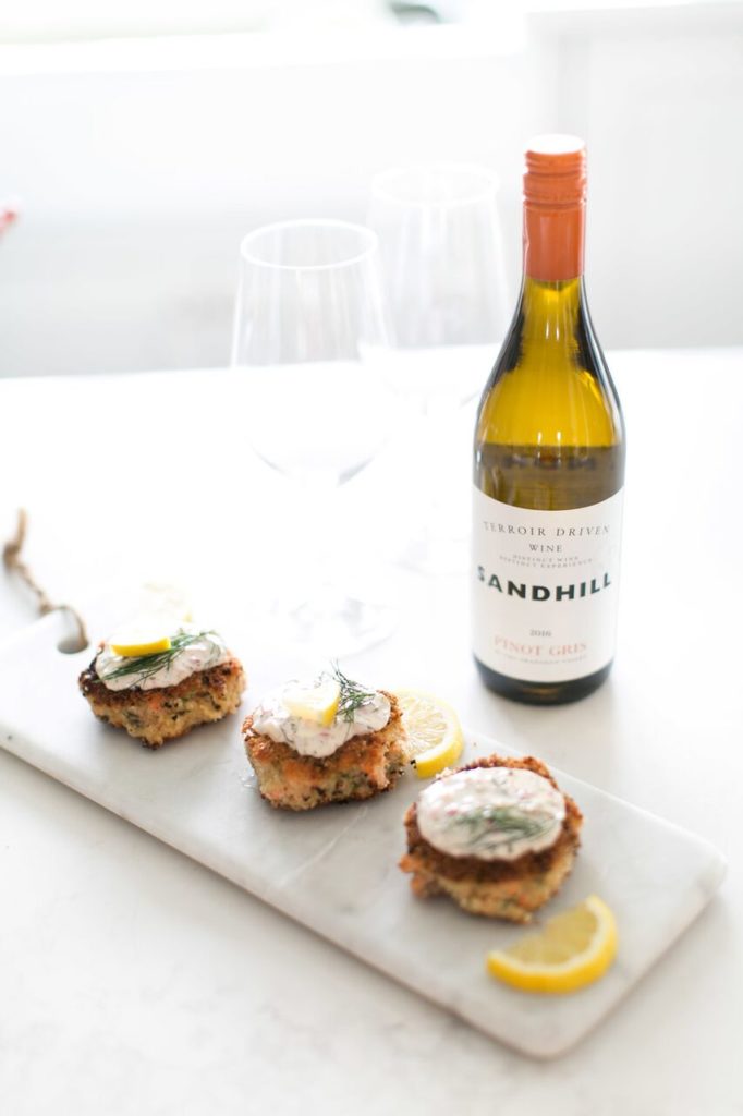 Friache living salmon cakes and pinot gris