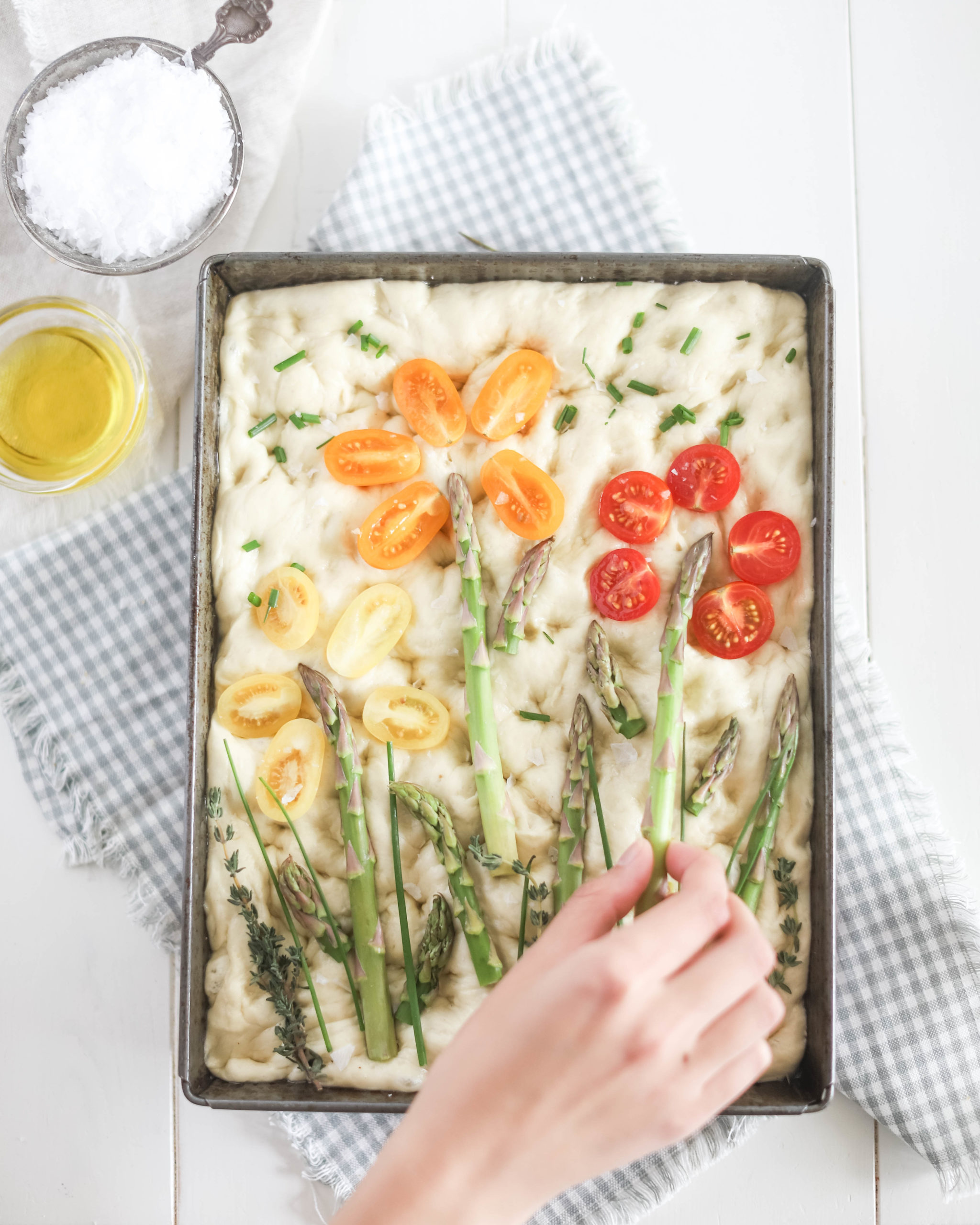 spring focaccia with fresh vegetables