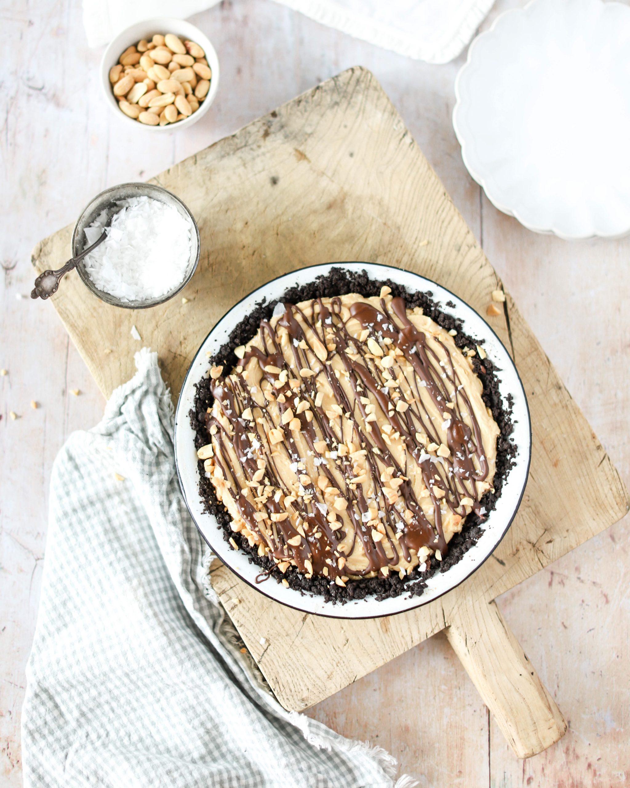 fraiche living peanut butter pie topped with chocolate and peanuts