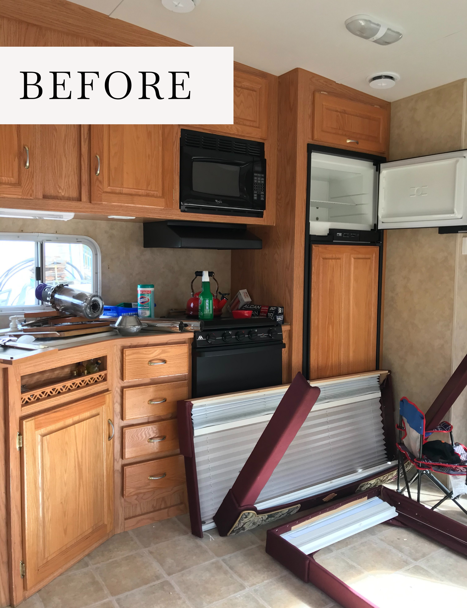 Our Camper Reveal Fraiche Living Before image of kitchen