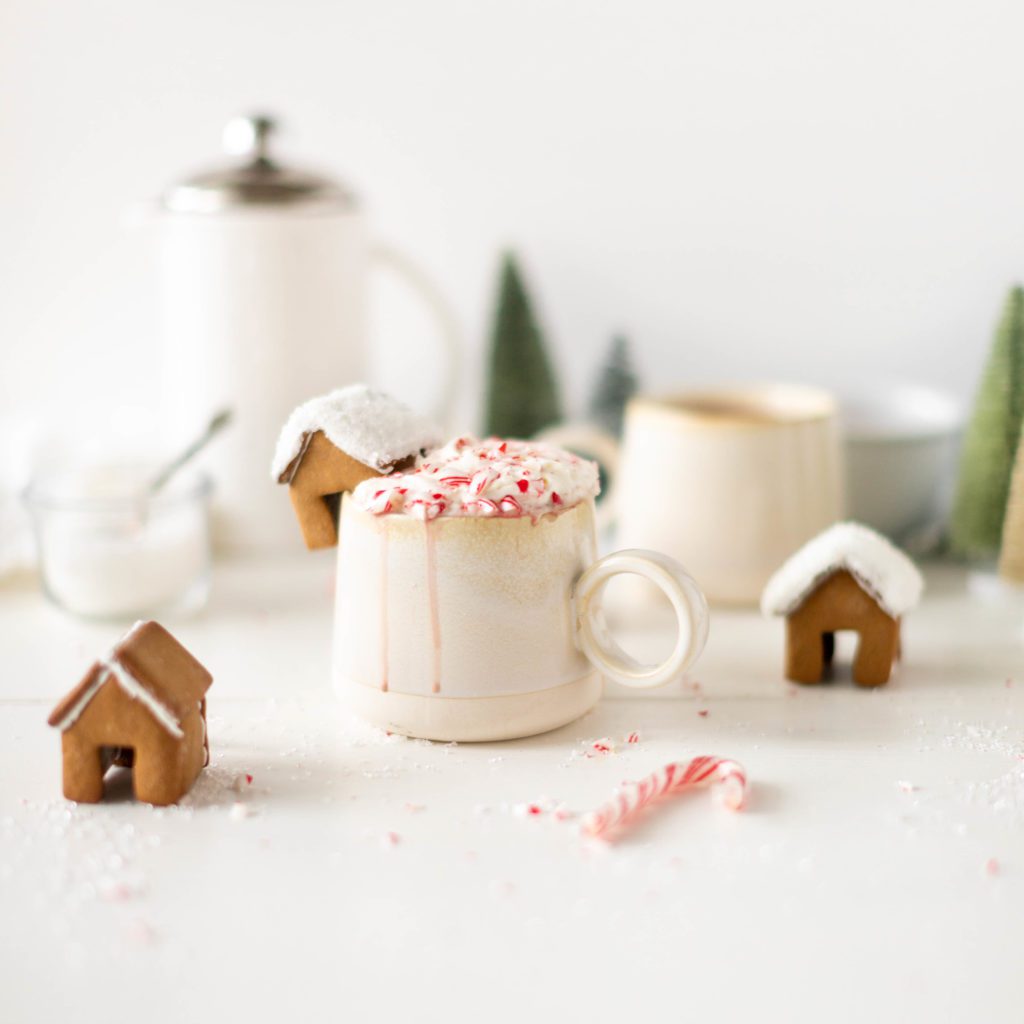Mini Gingerbread Houses on a mug of hot chocolate