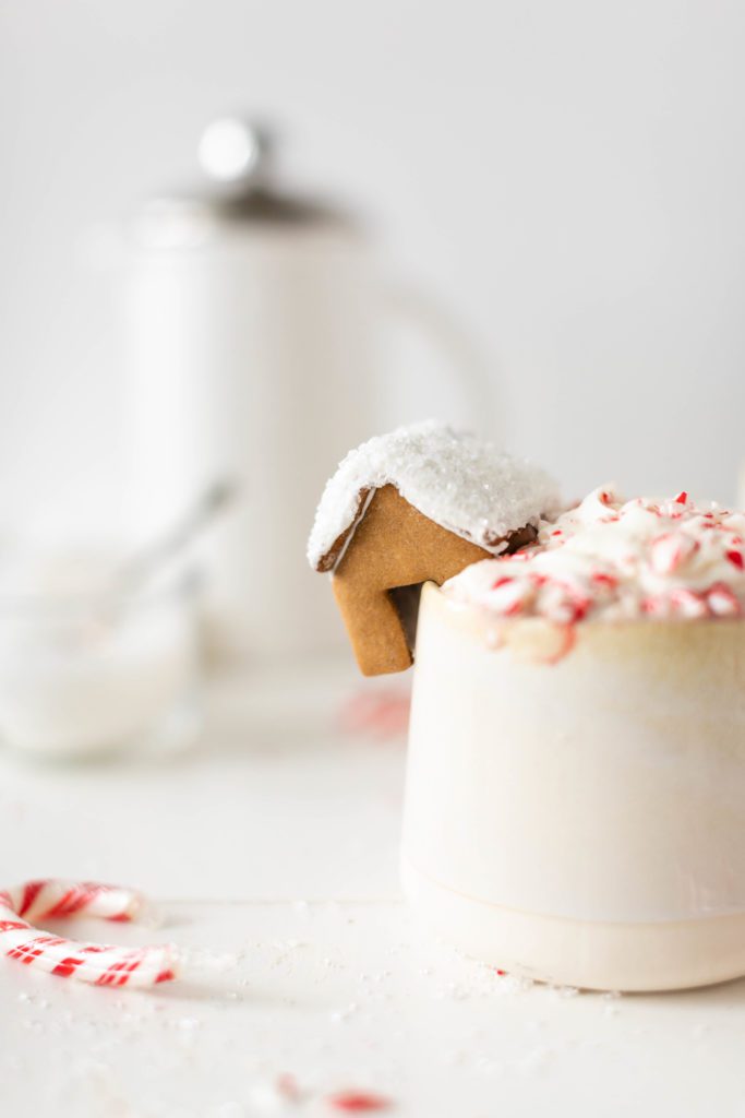 Mini Gingerbread House on a mug with candy canes